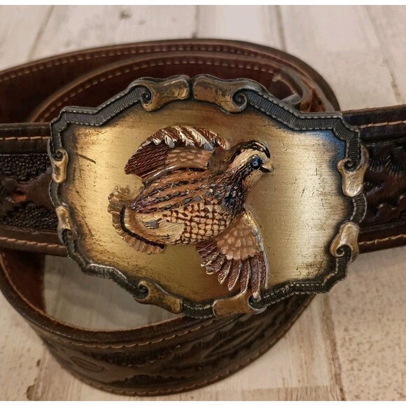 Vtg. 70s Quail Buckle Raintree Jewelry & Co On Hand Tooled Leather Belt Size 36 - Picture 2 of 16